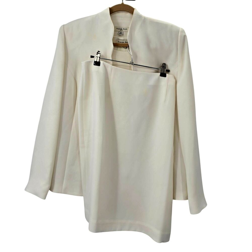 Amanda Smith Skirt Suit Set 14W Cream White 3 Piece Jacket Tank Scallop Work
